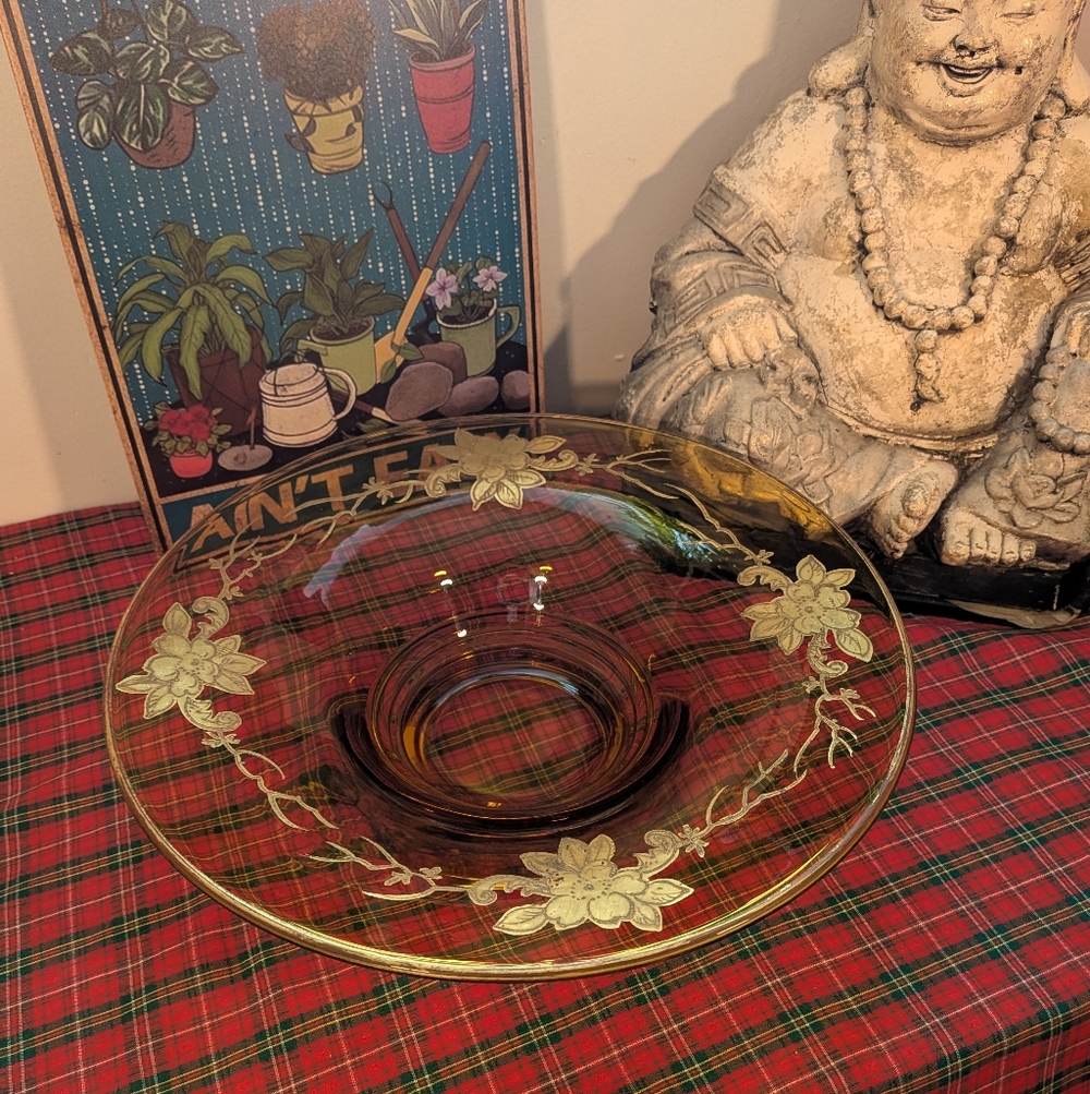 MCM Gilded Rose Hand Painted Amber Footed Glass Bowl